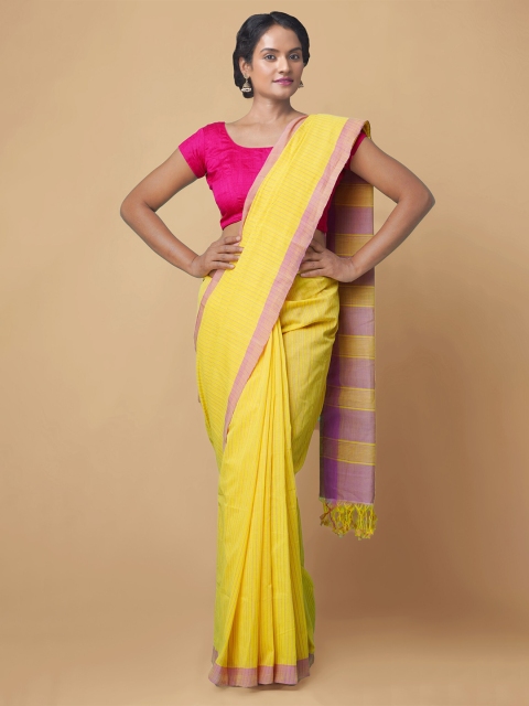 

Unnati Silks Yellow & Purple Striped Pure Cotton Mangalagiri Saree