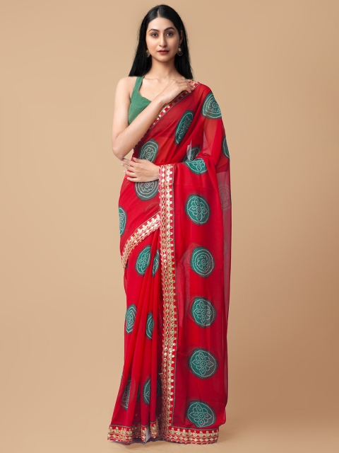 

Unnati Silks Red & Turquoise Blue Bandhani Gotta Patti Bandhani Saree