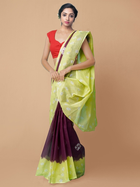 

Unnati Silks Burgundy & Lime Green Pure Cotton Bandhani Saree