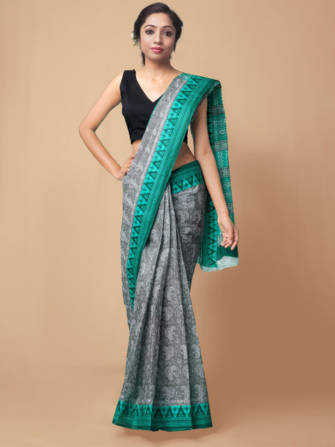 

Unnati Silks Teal & White Ethnic Motifs Pure Cotton Kovai Saree
