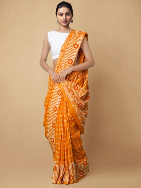 

Unnati Silks Women Orange Dabu Printed Rajasthani Soft Silk Saree
