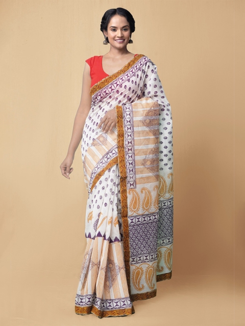 

Unnati Silks Cream-Coloured Ethnic Motifs Pure Cotton Handloom Sustainable Kasavu Saree