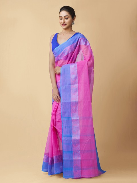 

Unnati Silks Pink & Blue Woven Design Pure Cotton Bengali Taant Saree
