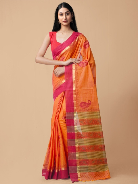 

Unnati Silks Orange & Green Floral Embroidered Pure Cotton Mangalagiri Saree