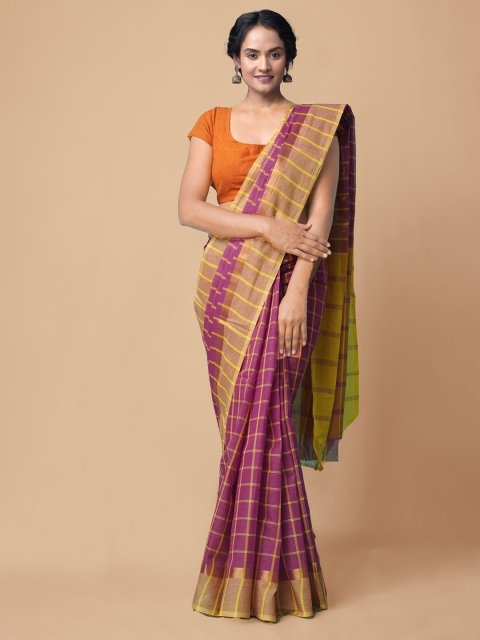 

Unnati Silks Pink & Yellow Checked Zari Pure Cotton Mangalagiri Saree