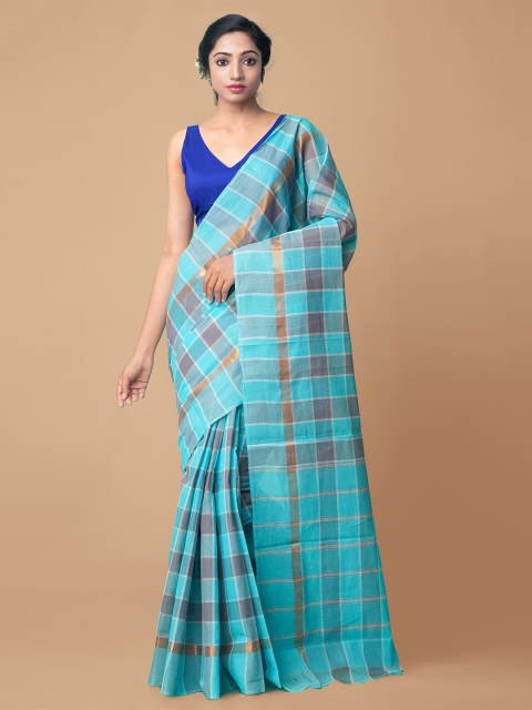 

Unnati Silks Blue & Grey Checked Mangalagiri Handloom Pure Cotton Saree