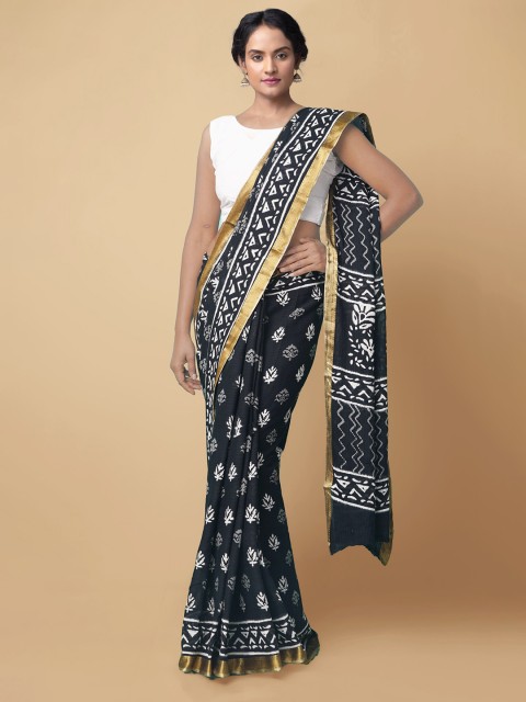 

Unnati Silks Women Black Printed Mulmul Cotton Saree