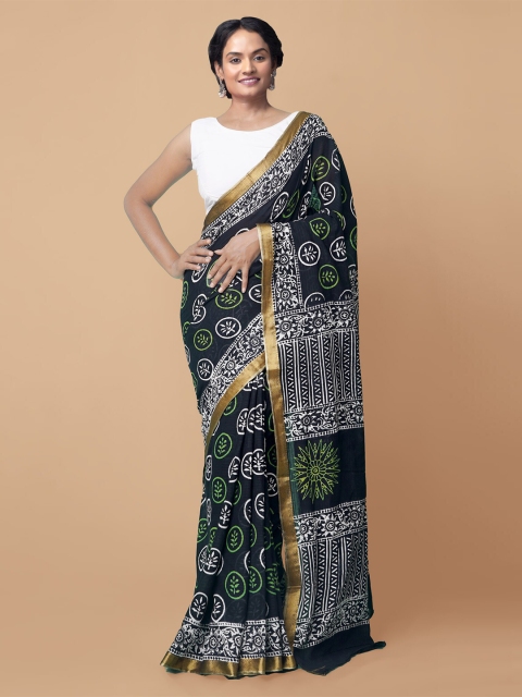 

Unnati Silks Black & White Ethnic Motifs Zari Pure Cotton Block Print Saree