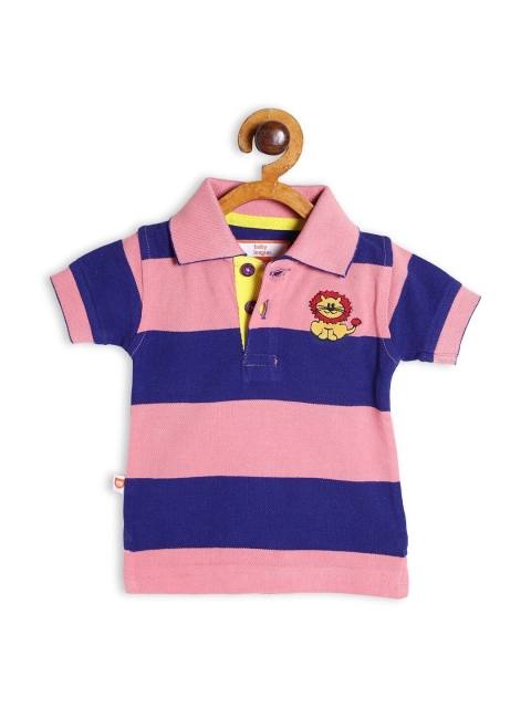 

612 league Boys Peach-Coloured Striped Polo Collar Applique T-shirt