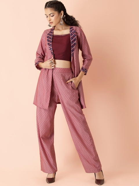 

Earthen BY INDYA Women Maroon & Pink Pure Cotton Embroidered Co-Ord Set with Blazer