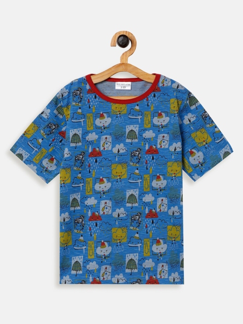 

NEO NATIVES Kids Blue Christmas Printed Slim Fit Pure Cotton T-shirt