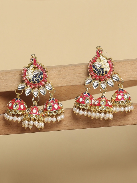 

OOMPH Pink & Gold Meenakari Peacock Shaped Jhumkas Earrings