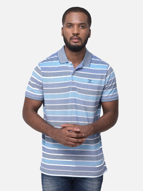 

Woods Men Blue & Grey Striped Polo Collar T-shirt
