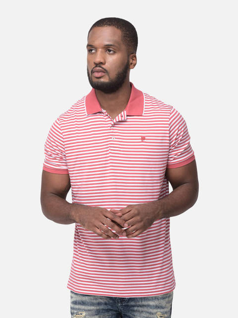 

Woods Men Pink Striped Polo Collar T-shirt