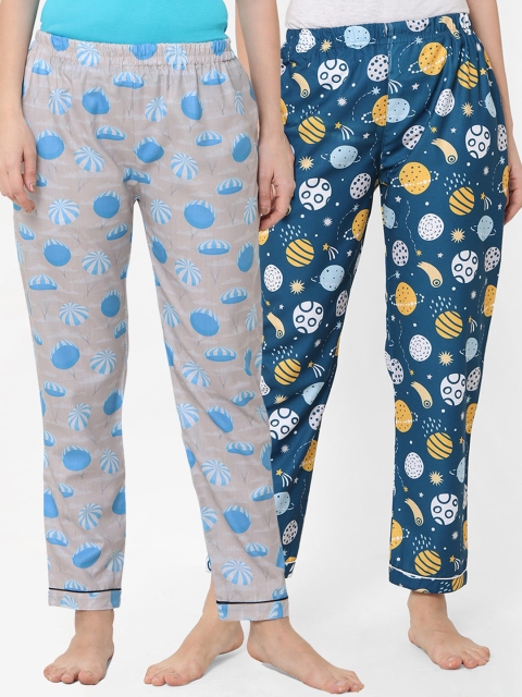 

FashionRack Women Pack of 2 Cream-Coloured & Navy Blue Printed Lounge Pants