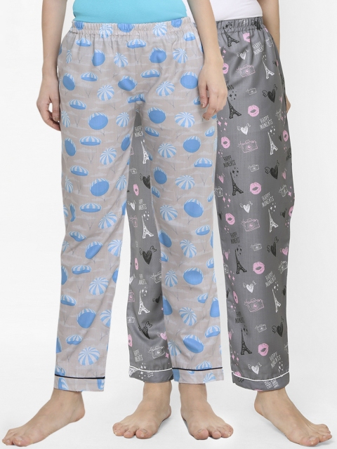 

FashionRack Women Pack Of 2 Grey Printed Cotton Lounge Pants