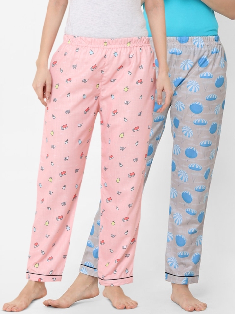 

FashionRack Women Pack Of 2 Pink & Grey Printed Cotton Lounge Pants