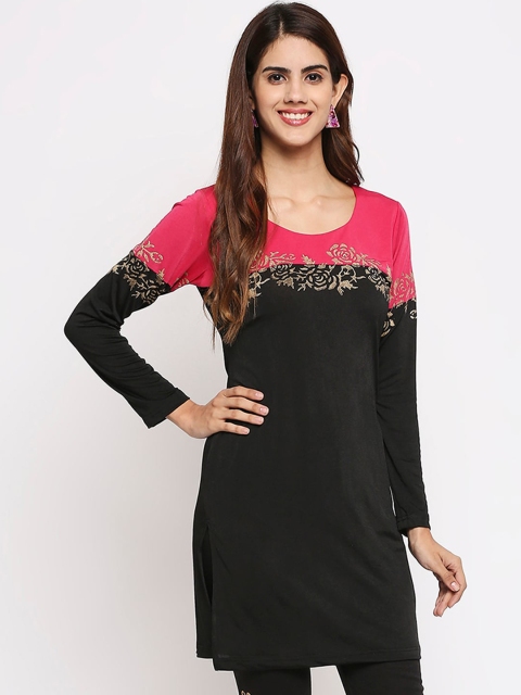 

Ira Soleil Women Pink & Black Floral Yoke Design Straight Kurta