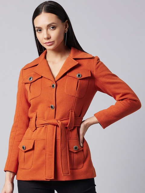 

DOLCE CRUDO Women Orange Longline Belted Jacket