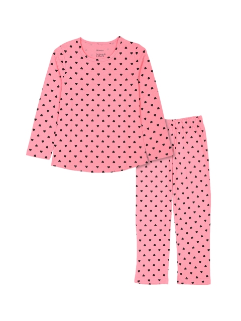 

minnow Girls Coral & Black Printed Pure Cotton Nightsuit