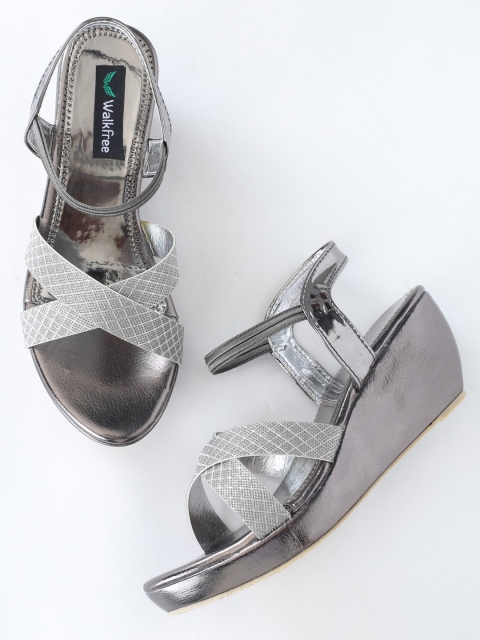 

Walkfree Silver-Toned Wedge Sandals with Bows