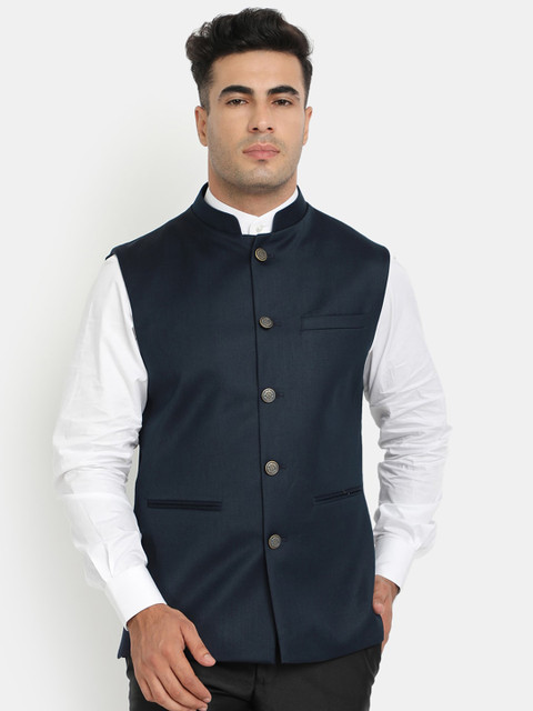 

HOB Men Navy Blue Solid Woven Nehru Jacket