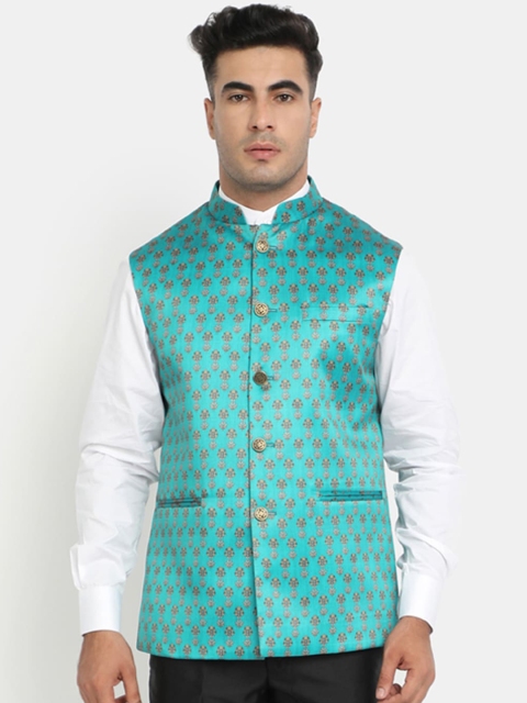 

HOB Men Teal Printed Polyester Nehru Jacket