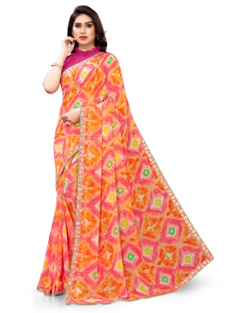 

KALINI Pink & Orange Bandhani Printed Designer Saree