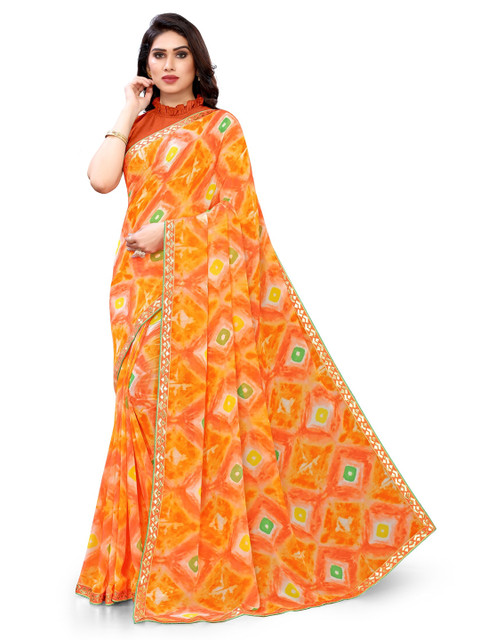

KALINI Orange & Green Bandhani Gotta Patti Saree