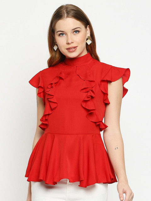 

aaliya Red Ruffles Crepe Peplum Top