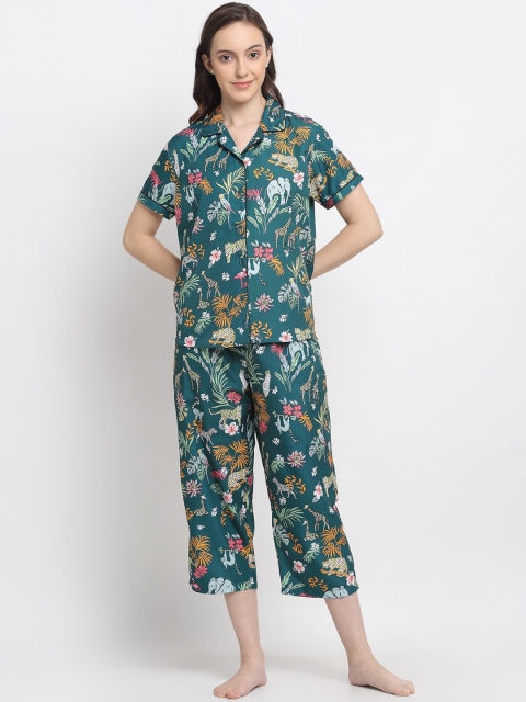 

DIVA WALK EXCLUSIVE Women Teal & Pink Printed Night suit