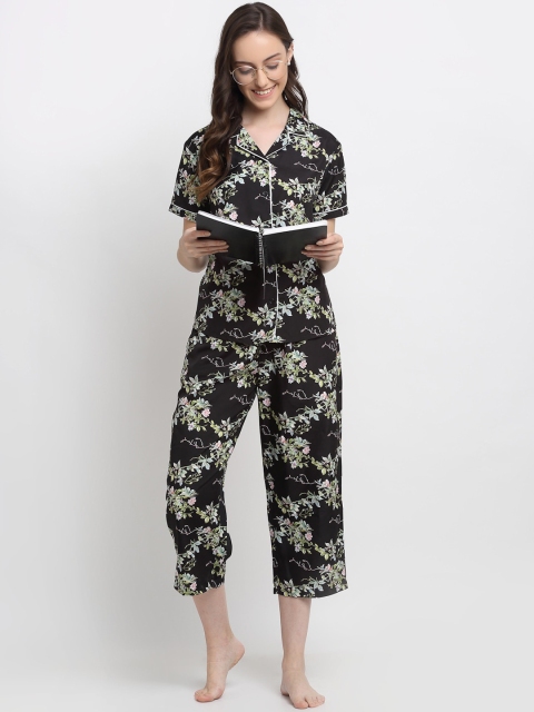 

DIVA WALK EXCLUSIVE Women Black & Green Printed Night suit