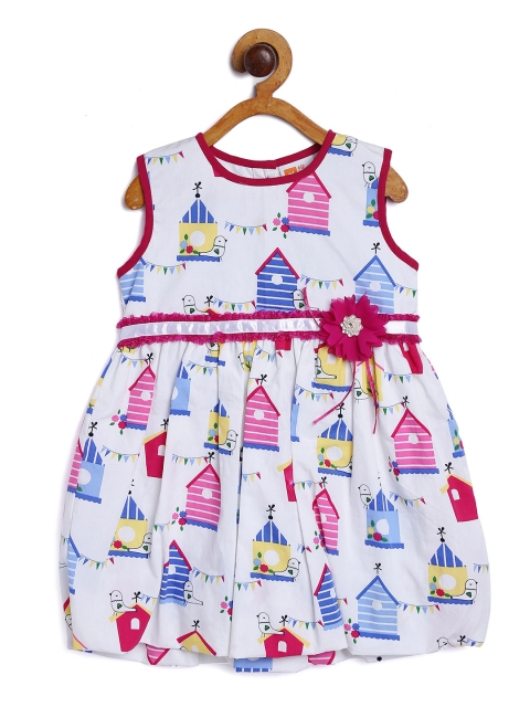 

612 league Girls White Hut Printed Cotton Fit & Flare Dress