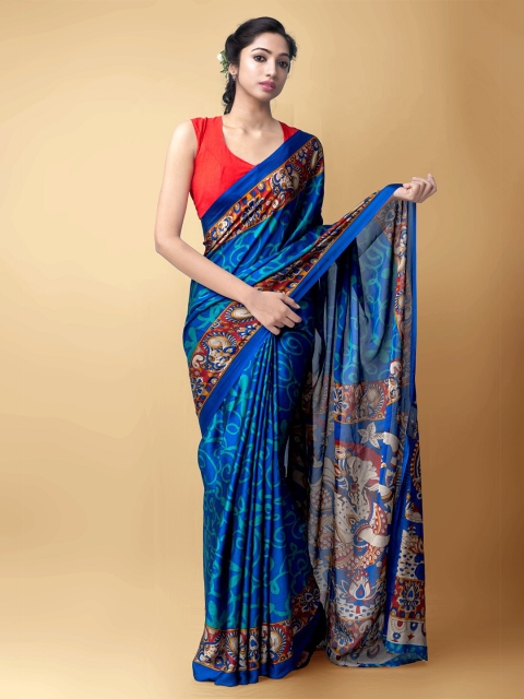 

Unnati Silks Blue & Red Kalamkari Poly Crepe Saree