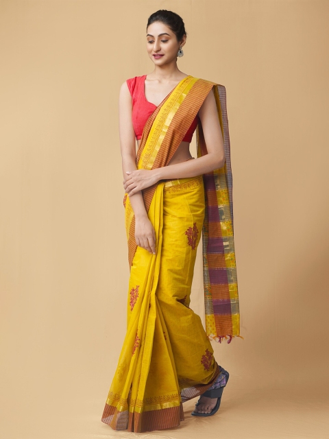 

Unnati Silks Yellow & Gold-Toned Ethnic Motifs Zari Pure Cotton Mangalagiri Saree
