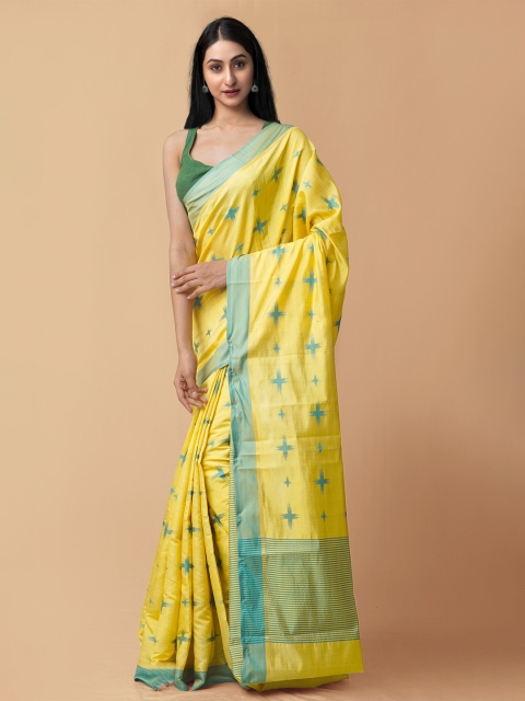 

Unnati Silks Yellow & Green Geometric Woven Design Kanjivaram Silk Cotton Saree