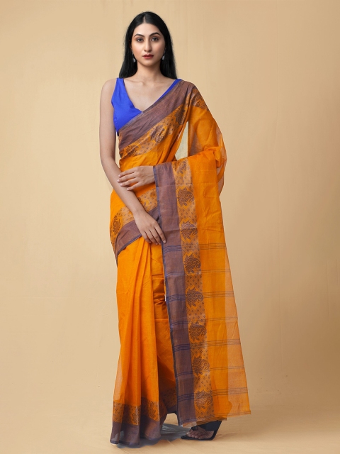 

Unnati Silks Orange & Blue Pure Cotton Taant Saree