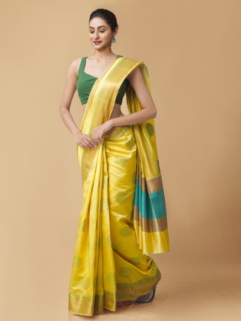 

Unnati Silks Yellow & Green Woven Design Zari Silk Cotton Kanjeevaram Saree