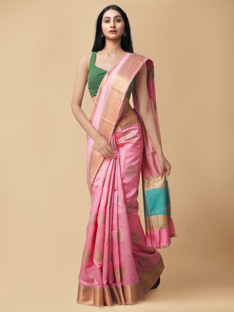 

Unnati Silks Pink & Gold-Toned Woven Design Zari Silk Cotton Kanjeevaram Saree