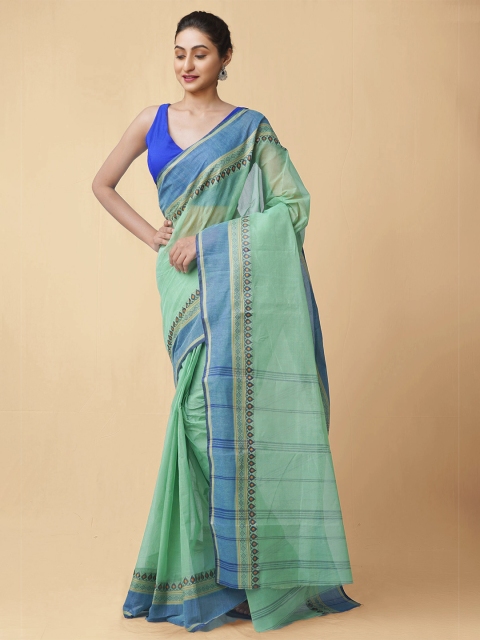 

Unnati Silks Green & Blue Ethnic Motifs Pure Cotton Taant Saree