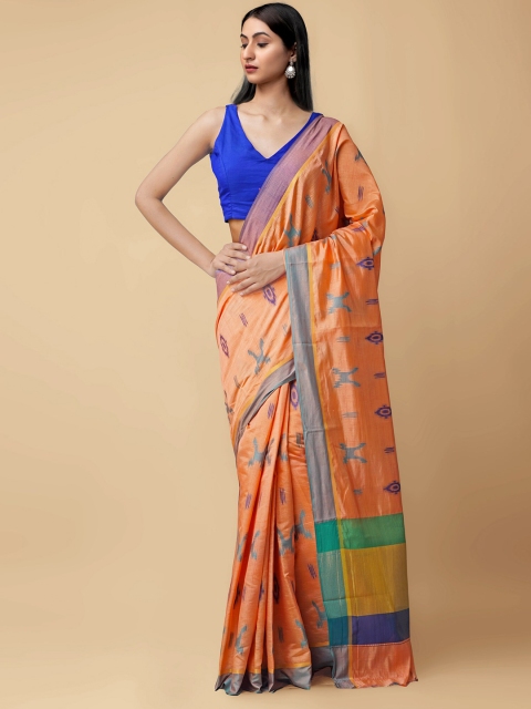 

Unnati Silks Orange & Blue Woven Design Zari Silk Cotton Kanjeevaram Saree