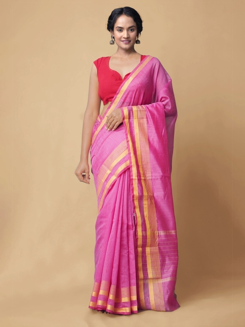 

Unnati Silks Pink & Yellow Zari Silk Cotton Chanderi Saree