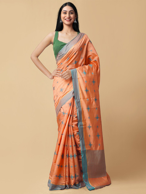 

Unnati Silks Orange & Blue Zari Silk Cotton Kanjeevaram Saree