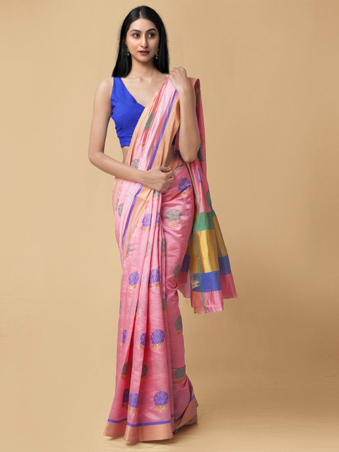 

Unnati Silks Pink & Blue Floral Silk Cotton Kanjeevaram Saree