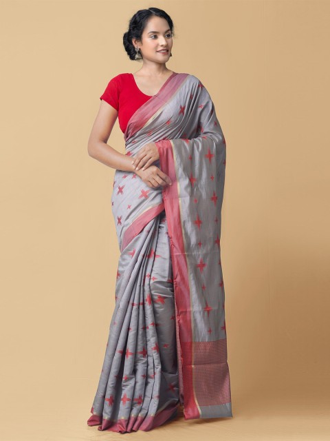 

Unnati Silks Grey & Red Woven Design Zari Silk Cotton Kanjeevaram Saree