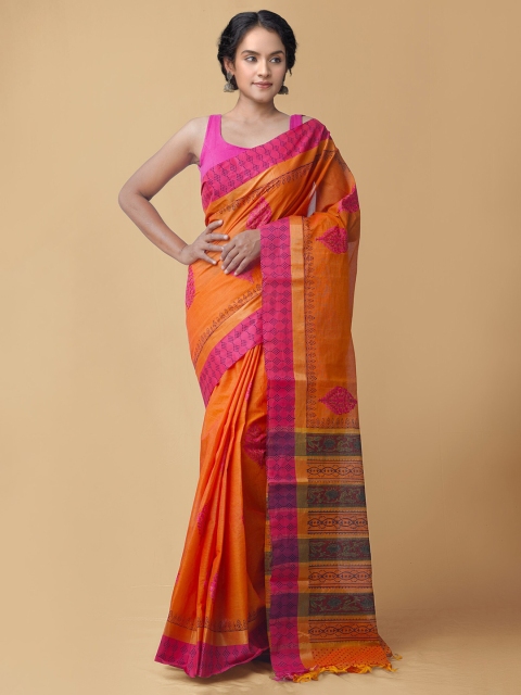 

Unnati Silks Orange & Pink Embroidered Mangalagiri Cotton Saree