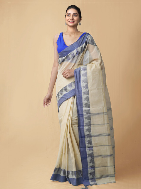 

Unnati Silks Beige & Blue Woven Design Pure Cotton Taant Saree