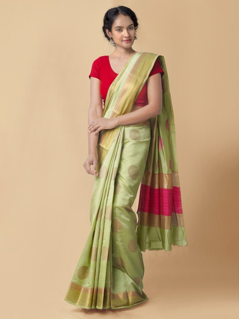 

Unnati Silks Green & Magenta Ethnic Motifs Zari Silk Cotton Kanjeevaram Saree