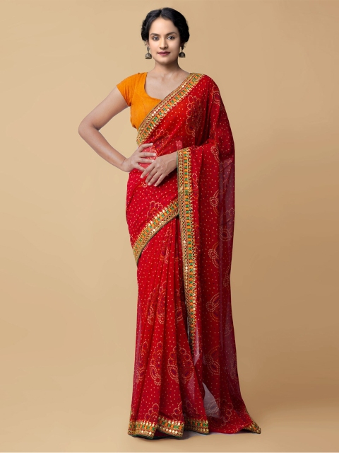 

Unnati Silks Red & White Bandhani Gotta Patti Bandhani Chiffon Saree