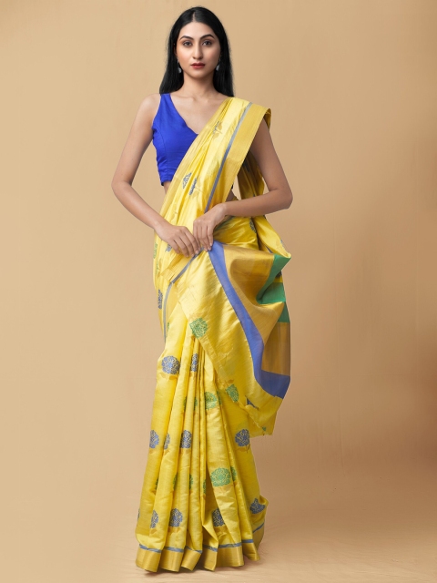 

Unnati Silks Yellow & Blue Woven Design Zari Silk Cotton Kanjeevaram Saree